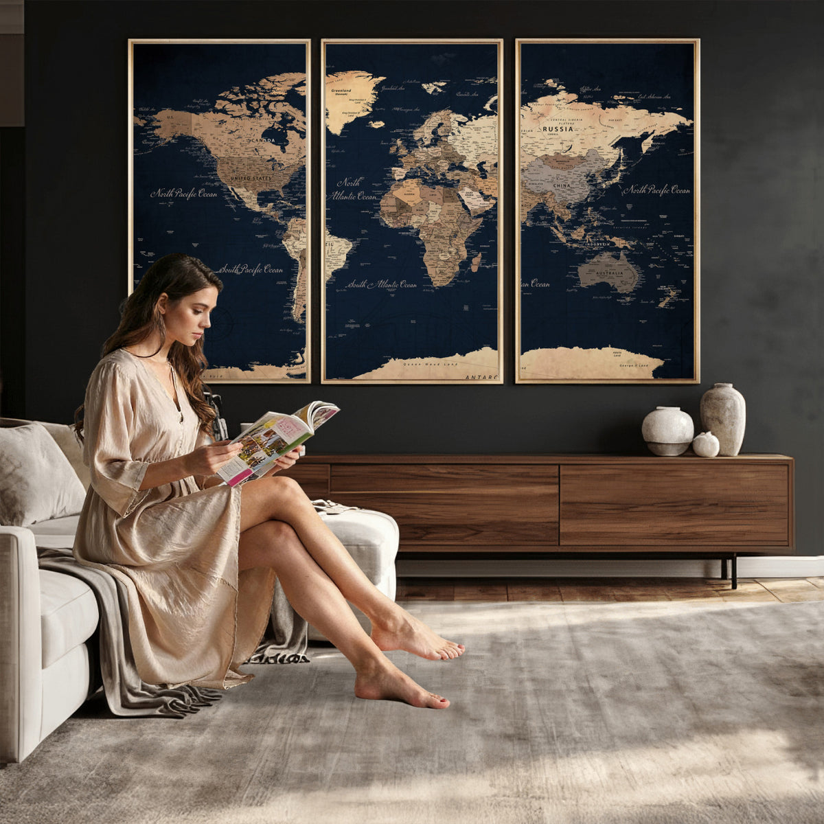 53971530-MGV-CV-36X24 - World Map Wall Art Canvas Print, Modern Decorative Framed Map Artwork Prints for Living Room, Office, Bedroom Wall Decor