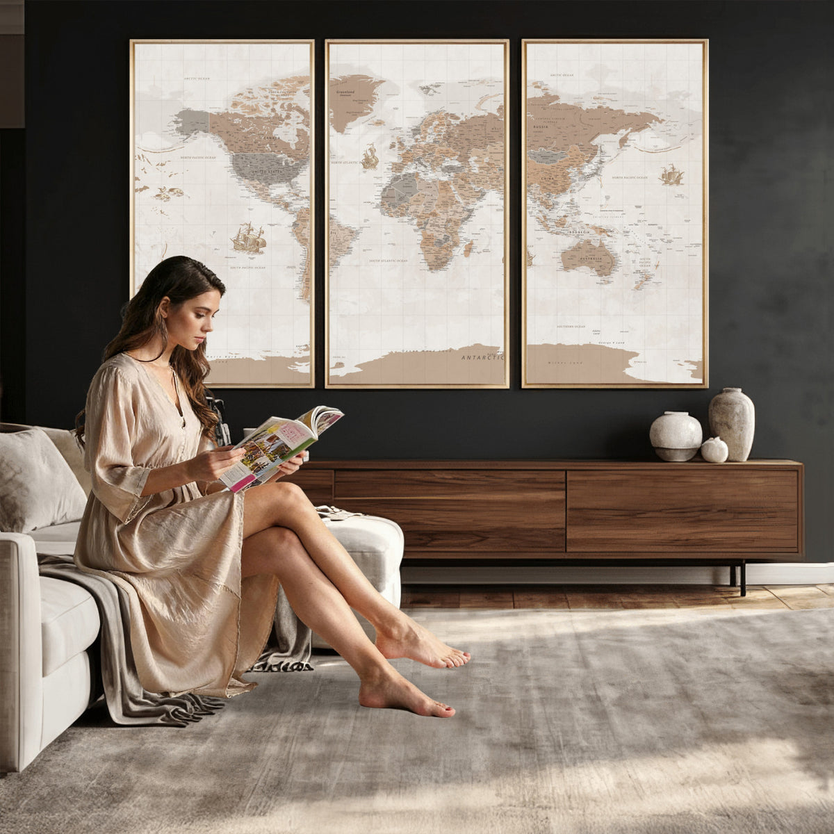 85057279-MGV-CV-36X24 - Framed Large World Map Canvas Print for Office Decor