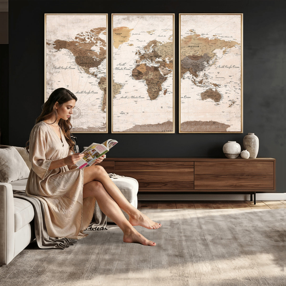38923639-MGV-CV-36X24 - World Map Wall Art Canvas Print, Modern Decorative Framed Map Artwork Prints for Living Room, Office, Bedroom Wall Decor