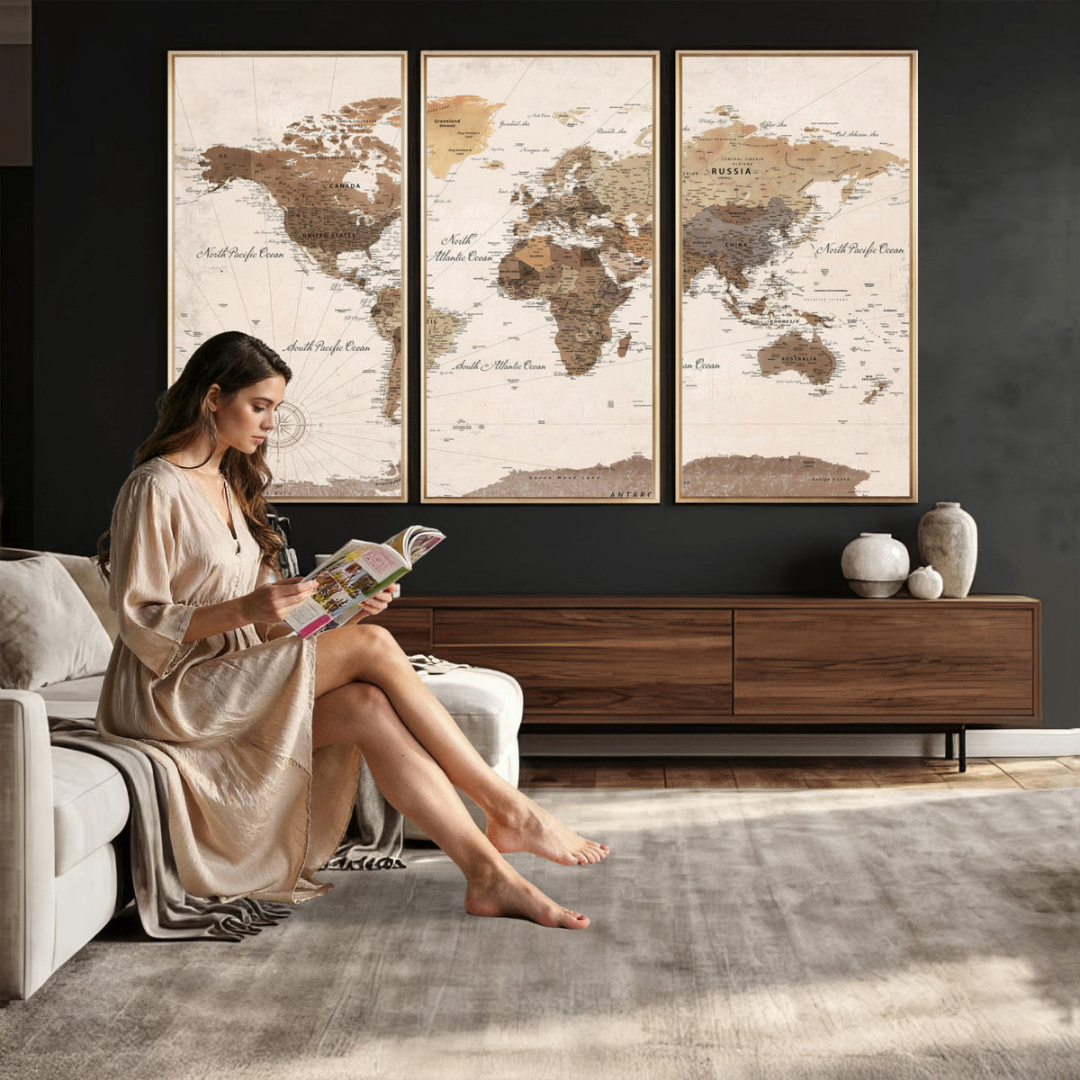 69860078-MGV-CV-36X24 - World Map Wall Art Canvas Print, Modern Decorative Framed Map Artwork Prints for Living Room, Office, Bedroom Wall Decor