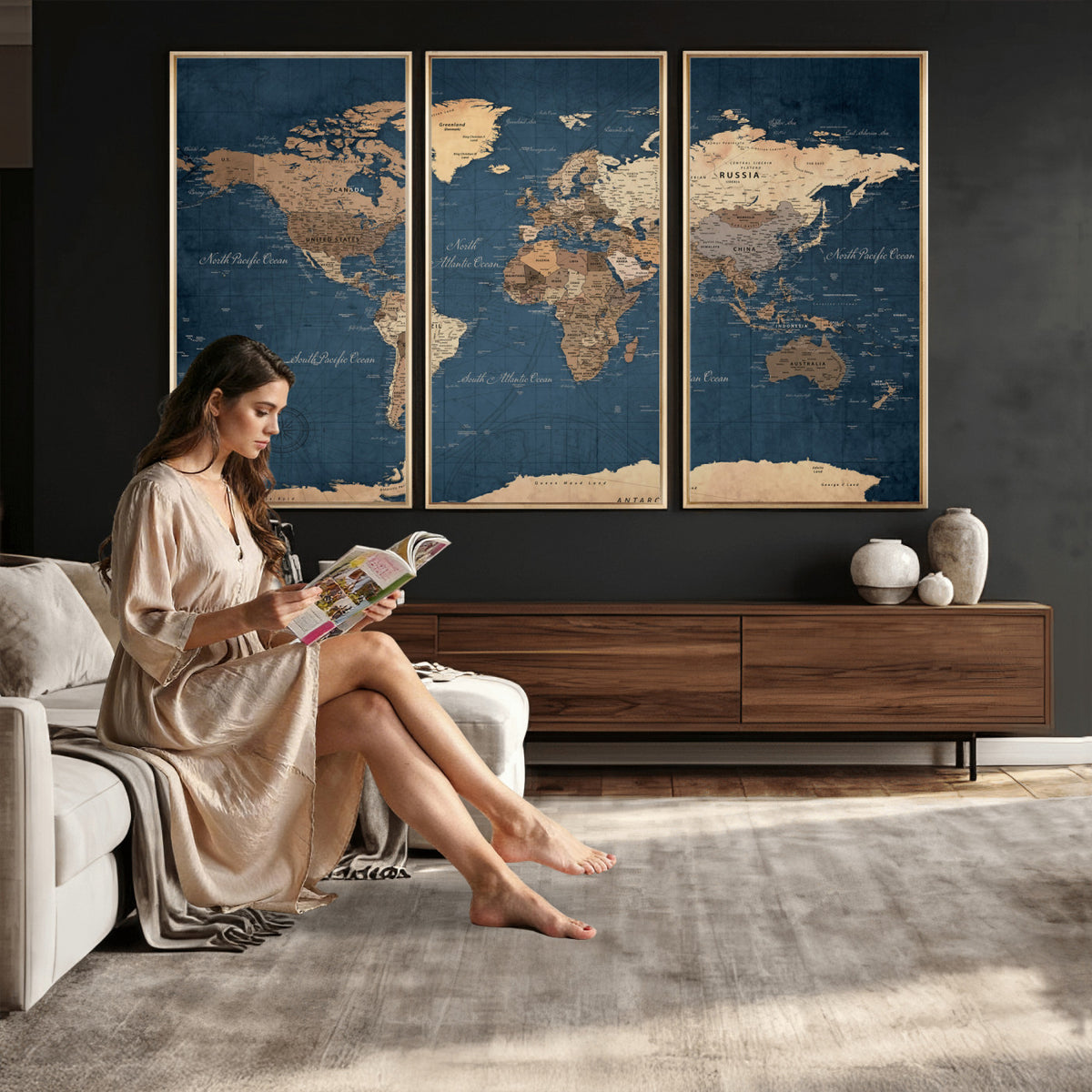 69886352-MGV-CV-36X24 - World Map Wall Art Canvas Print, Modern Decorative Framed Map Artwork Prints for Living Room, Office, Bedroom Wall Decor