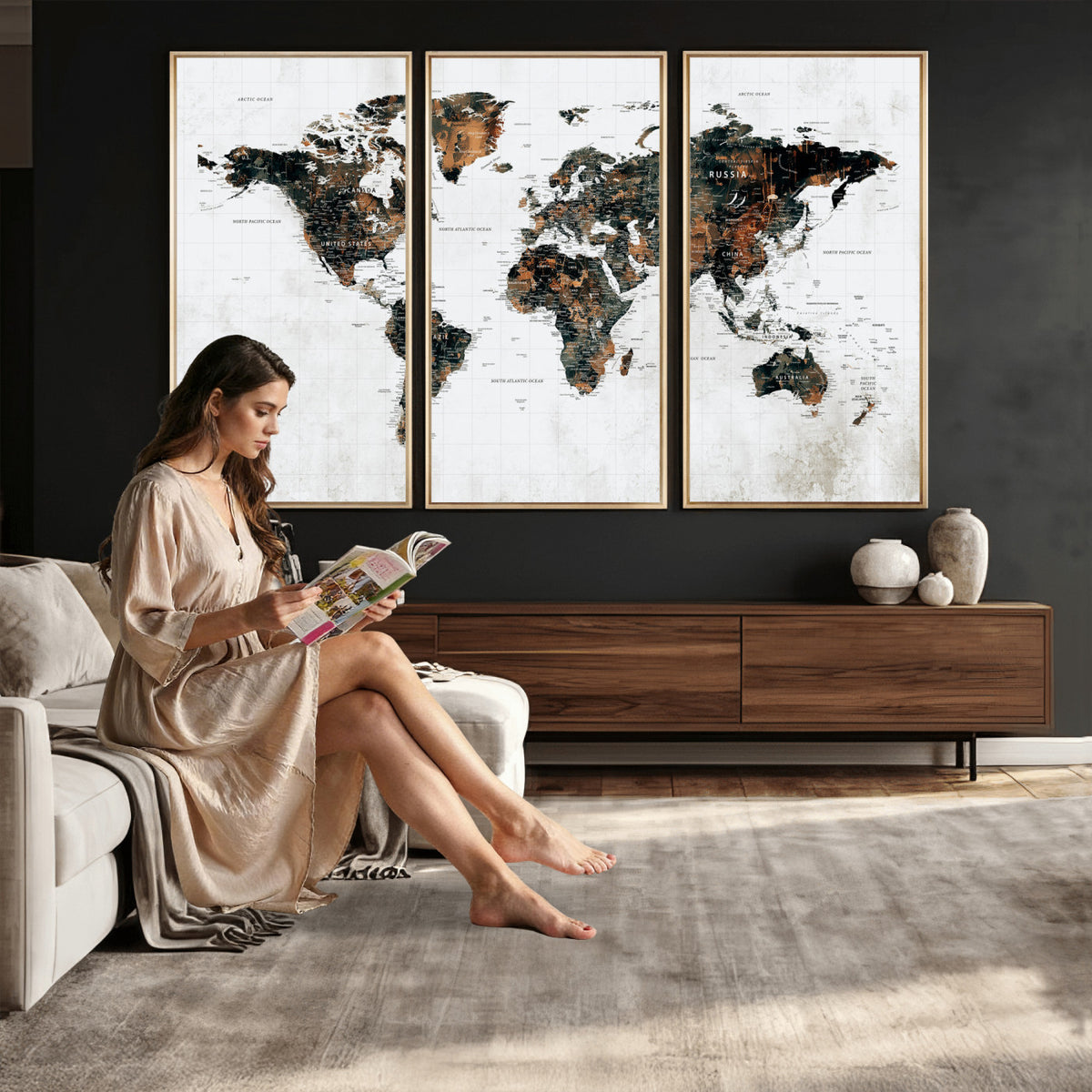 60008766-MGV-CV-36X24 - Large World Map Canvas Print – Framed Travel Map Wall Art