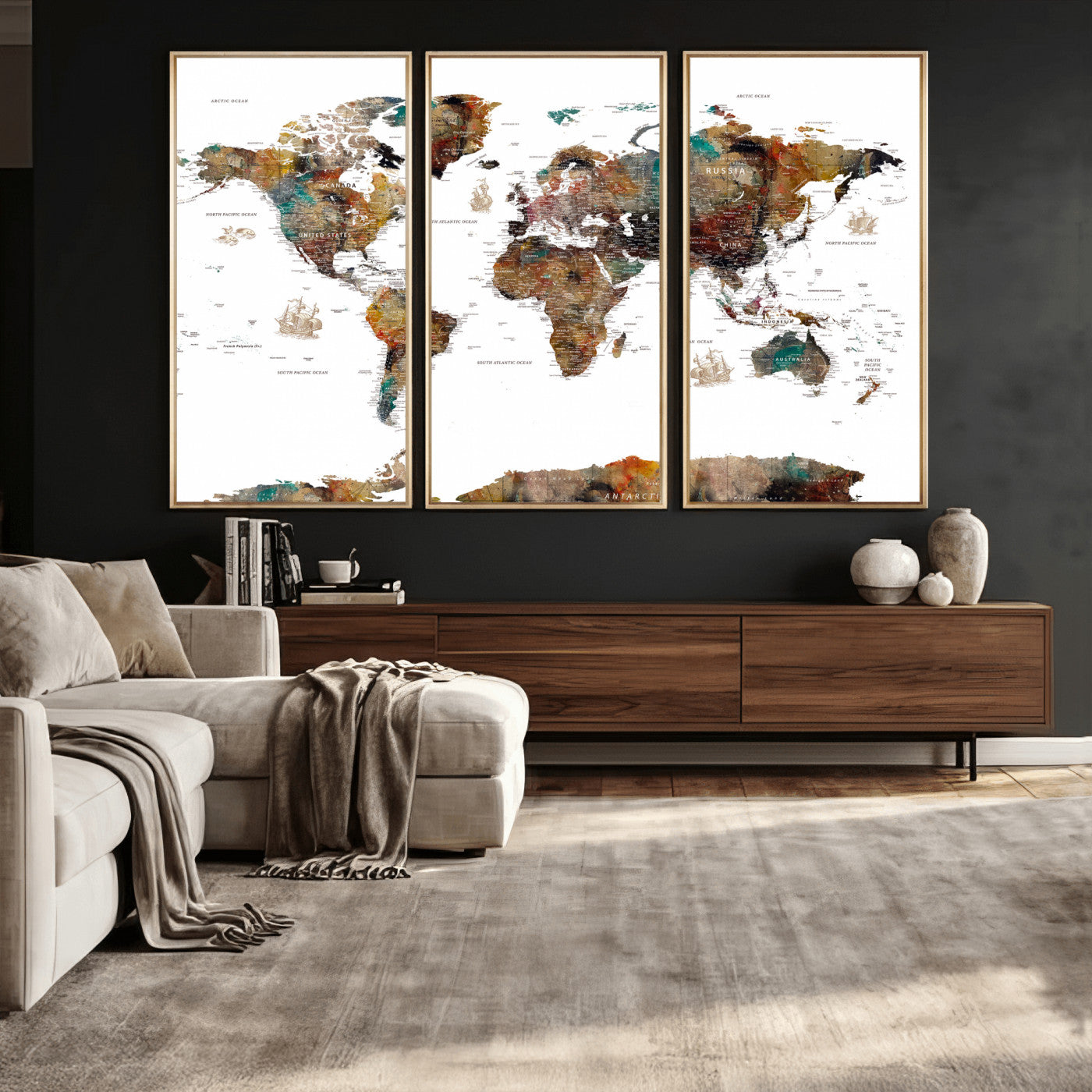 82293175-MGV-CV-36X24 - World Map Wall Art Canvas Print, Modern Decorative Framed Map Artwork Prints for Living Room, Office, Bedroom Wall Decor
