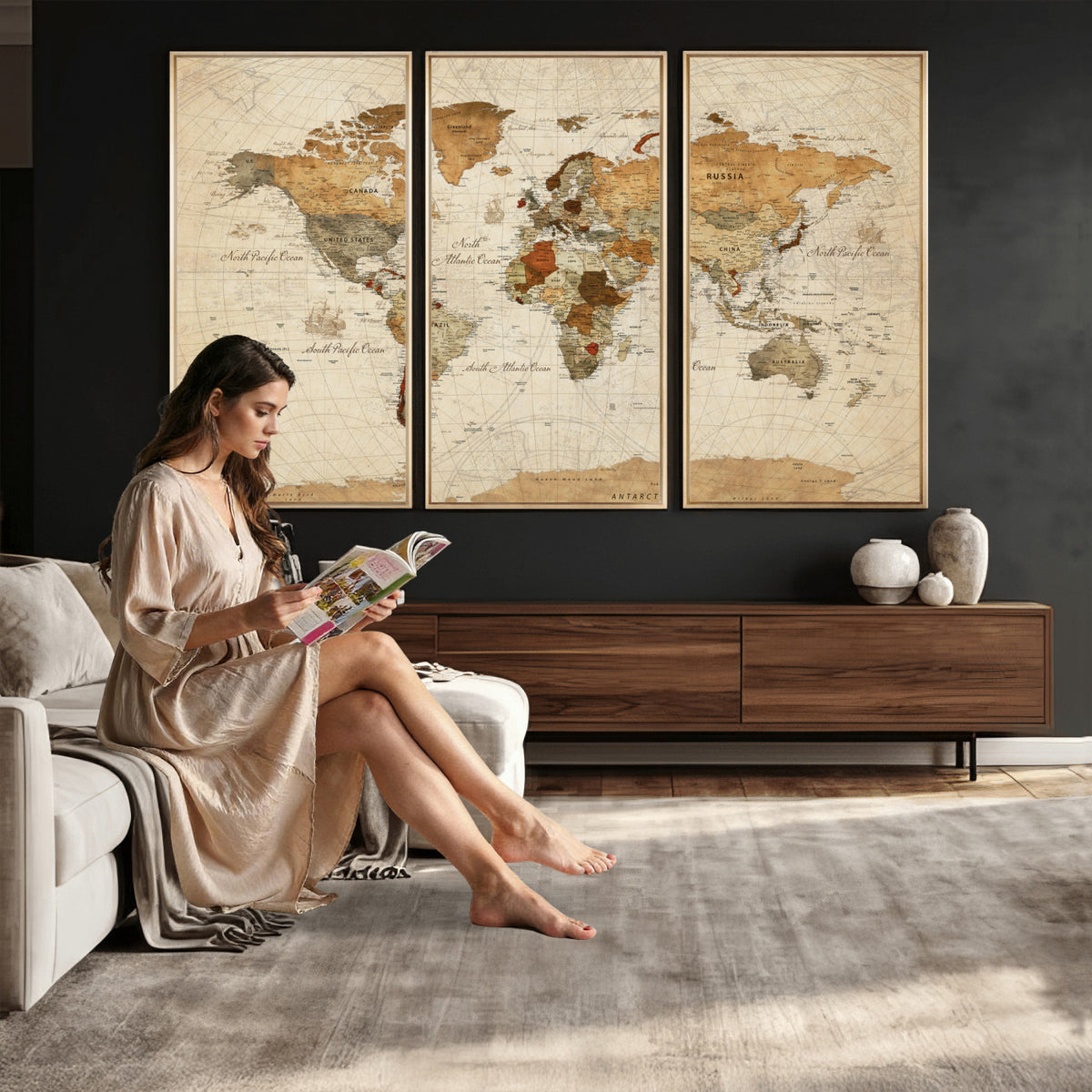 29684537-MGV-CV-36X24 - Vintage World Map Canvas Print, Framed Rustic Detailed Map of the World, Explorer Decor