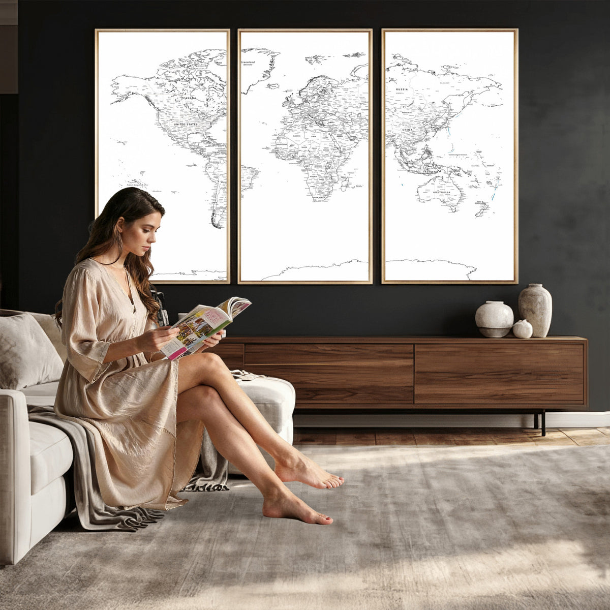 21002736-MGV-CV-36X24 - World Map Canvas Print, Framed Modern Detailed Map of the World for Home or Office