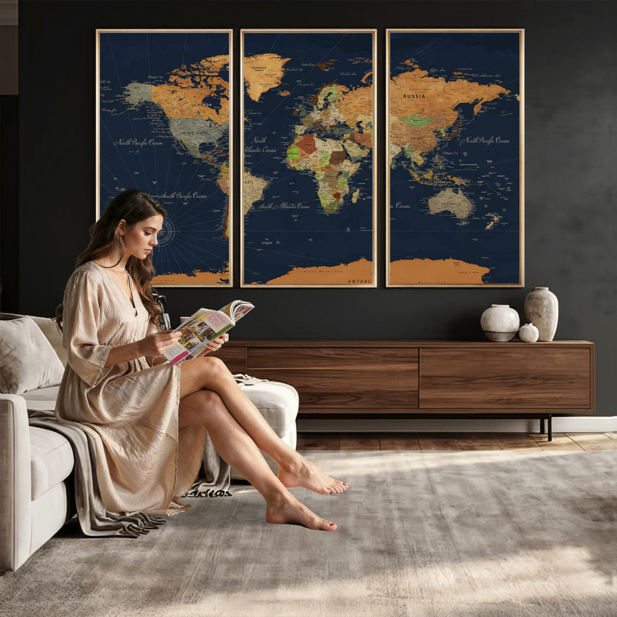 11715182-MGV-CV-36X24 - Modern World Map Canvas Print, Framed Detailed Map of the World Wall Art