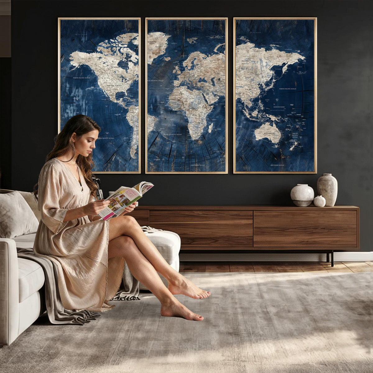 56126010-MGV-CV-36X24 - Large Blue World Map Wall Art Canvas Print for Home Office