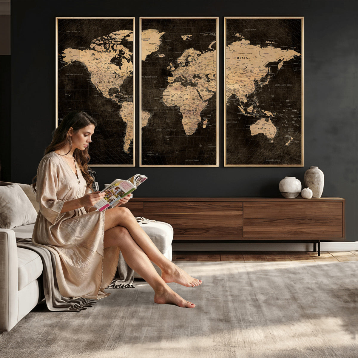 15118265-MGV-CV-36X24 - Brown World Map Canvas Print | Modern Travel Map Wall Art