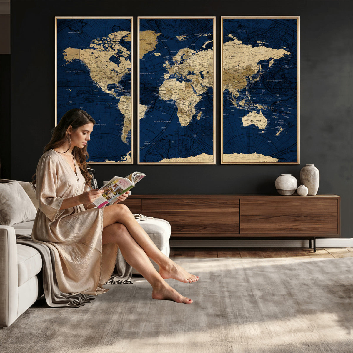 54770746-MGV-CV-36X24 - Navy Blue World Map Canvas Print – Detailed Map Minimal Navy