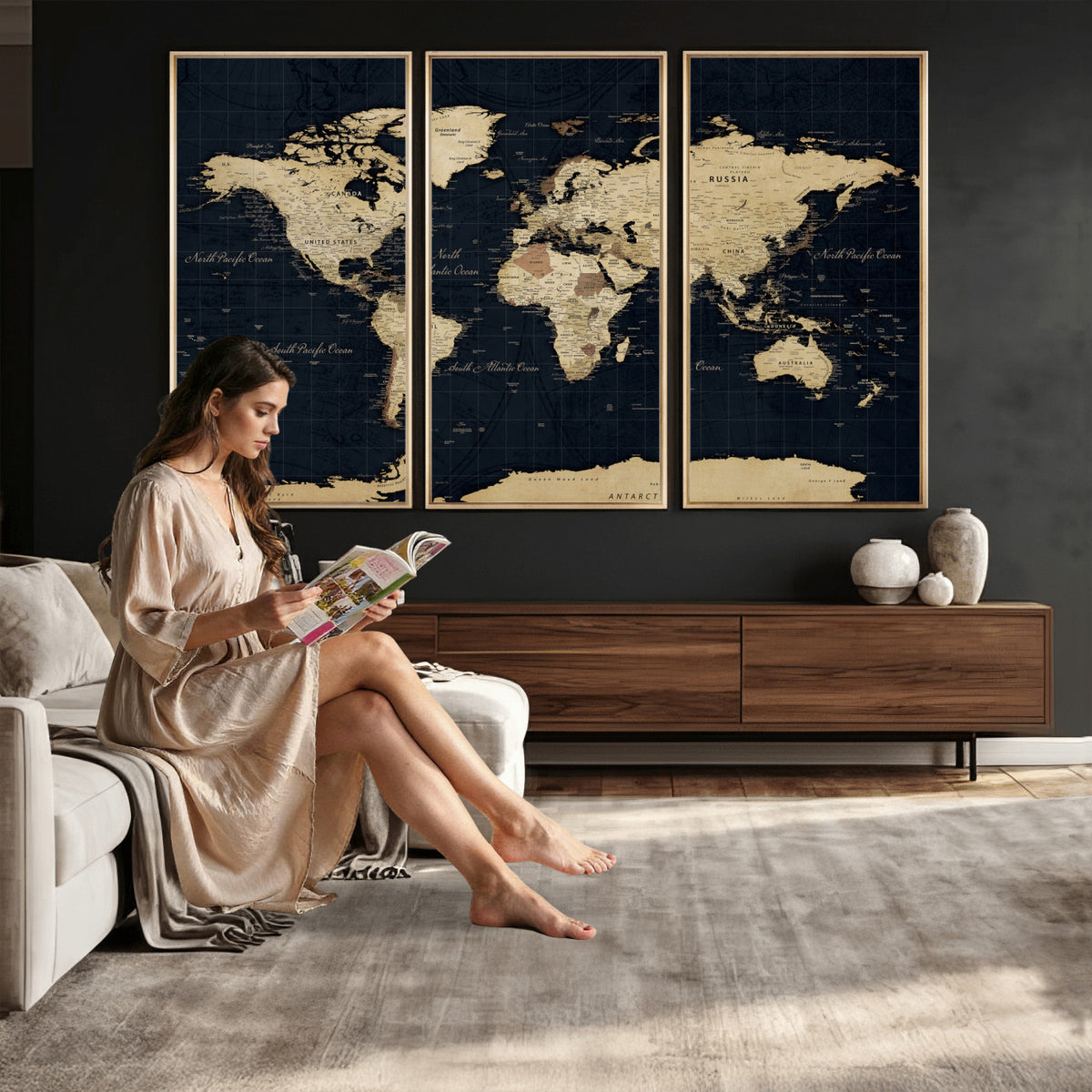 45063434-MGV-CV-36X24 - Dark World Map Canvas Wall Art Print, Minimal Black and Gold Map