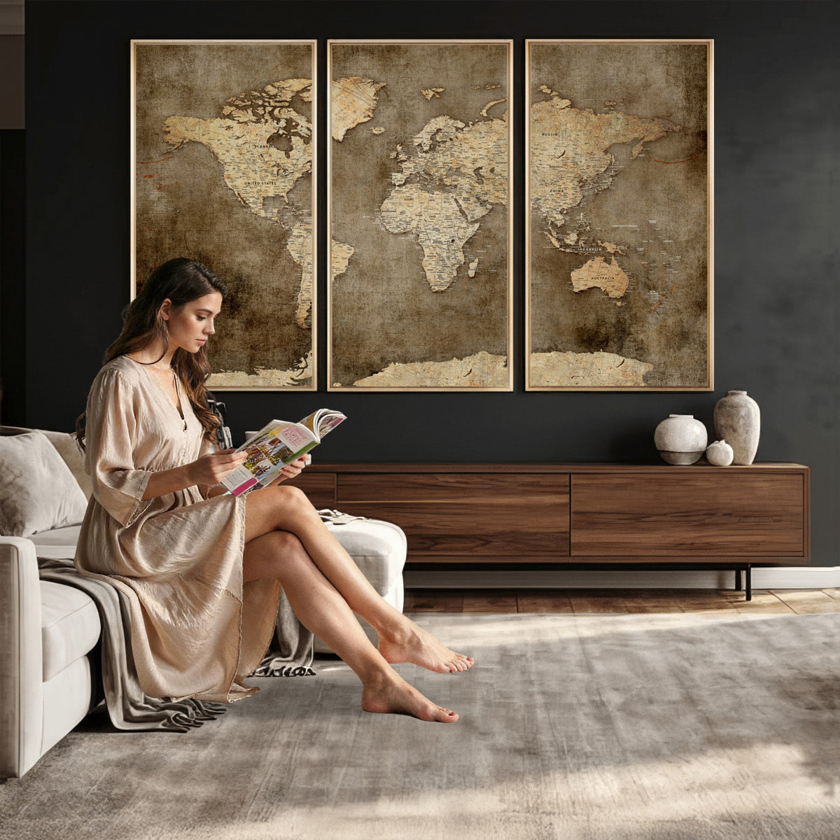 35847542-MGV-CV-36X24 - Dark Vintage World Map Canvas Wall Art Print, Antique Map