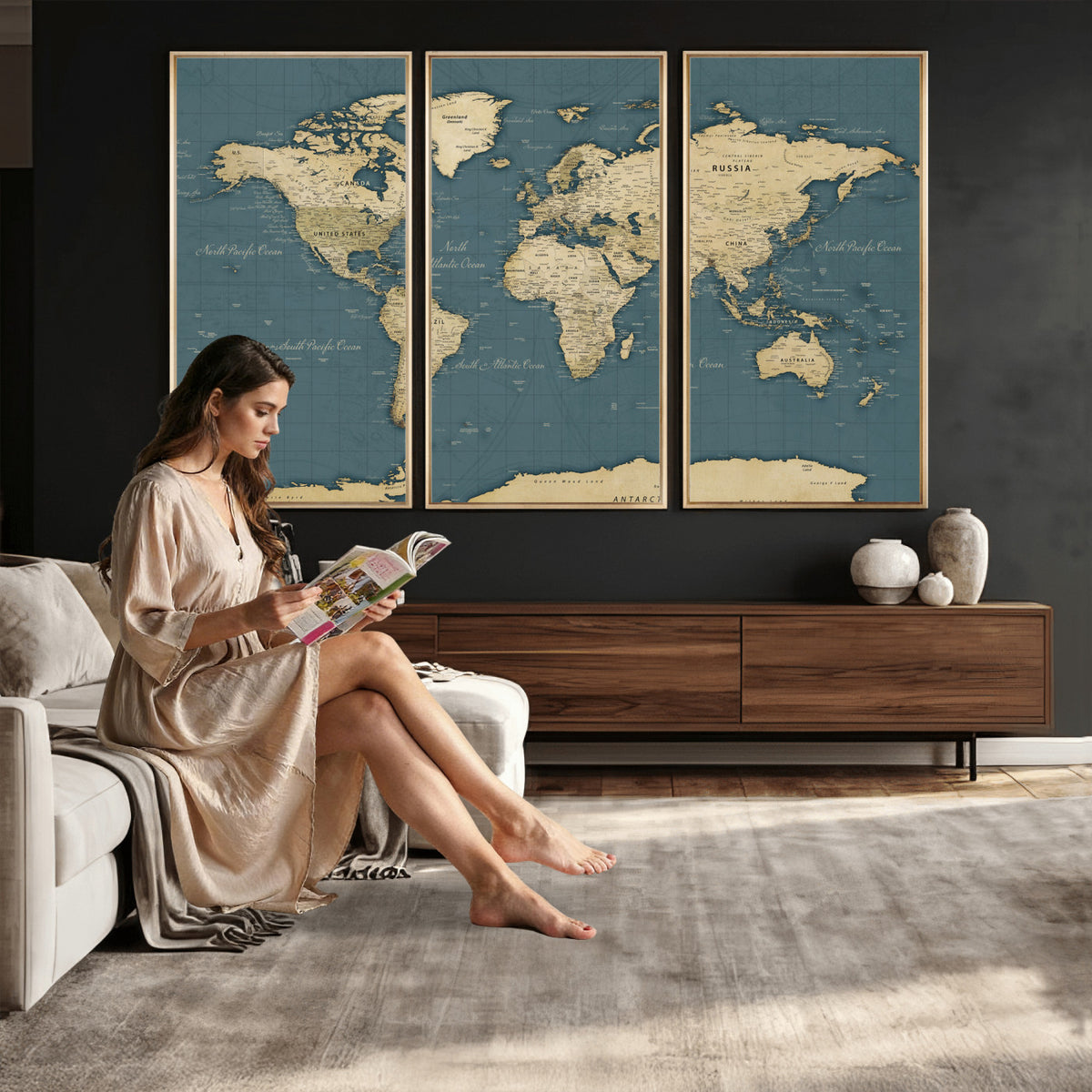 99599383-MGV-CV-36X24 - Minimal Vintage World Map Canvas Wall Art Print, Neutral