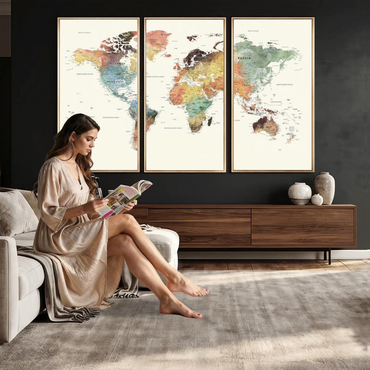 64206059-MGV-CV-36X24 - Framed World Map Wall Art Canvas Print for Living Room and Study Room
