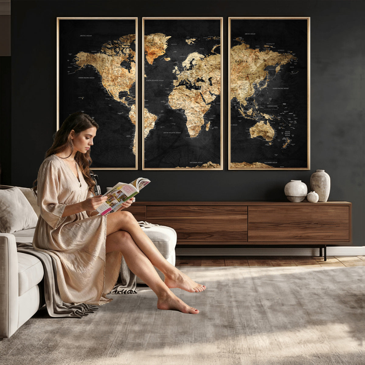 23568589-MGV-CV-36X24 - World Map Wall Art Canvas Print, Modern Decorative Framed Map Artwork Prints for Living Room, Office, Bedroom Wall Decor