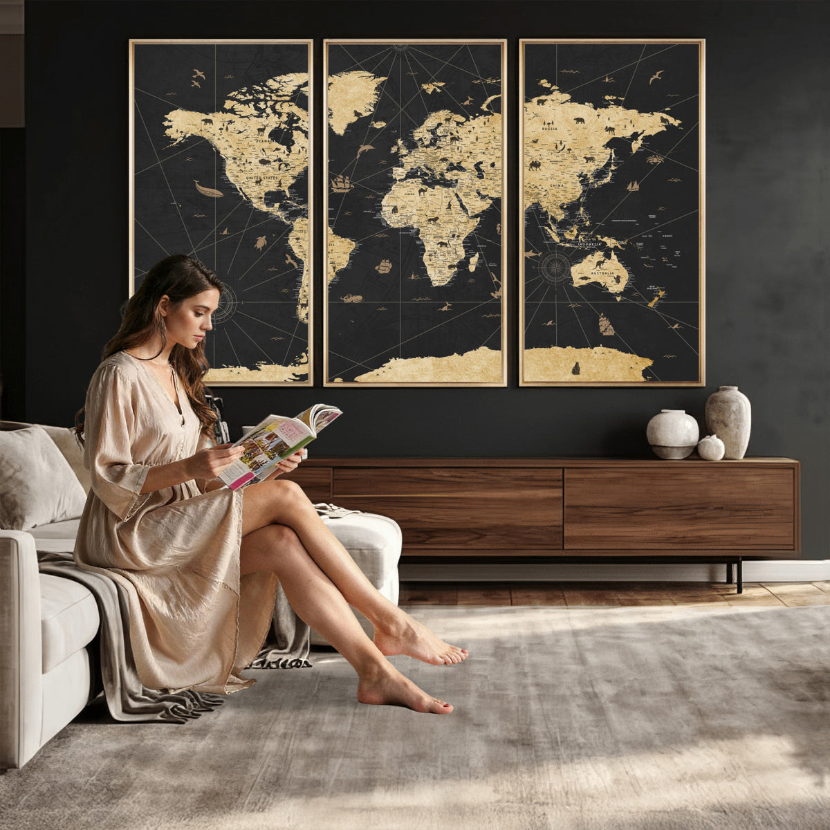 80270976-MGV-CV-36X24 - World Map Wall Art Canvas Print, Modern Decorative Framed Map Artwork Prints for Living Room, Office, Bedroom Wall Decor