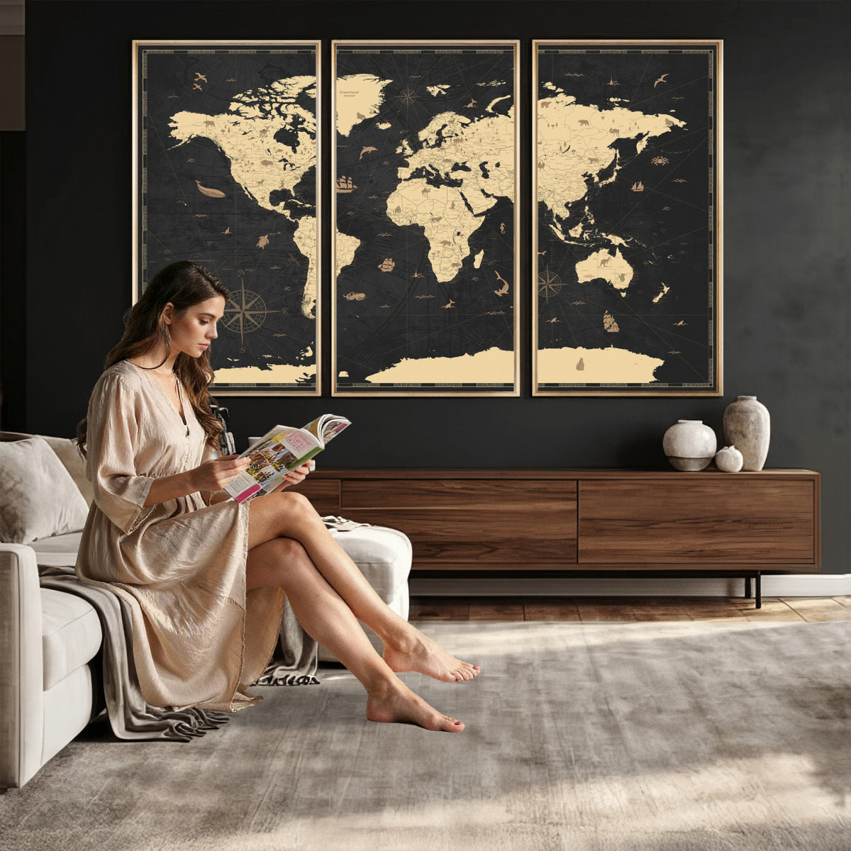 75220264-MGV-CV-36X24 - World Map Wall Art Canvas Print, Modern Decorative Framed Map Artwork Prints for Living Room, Office, Bedroom Wall Decor