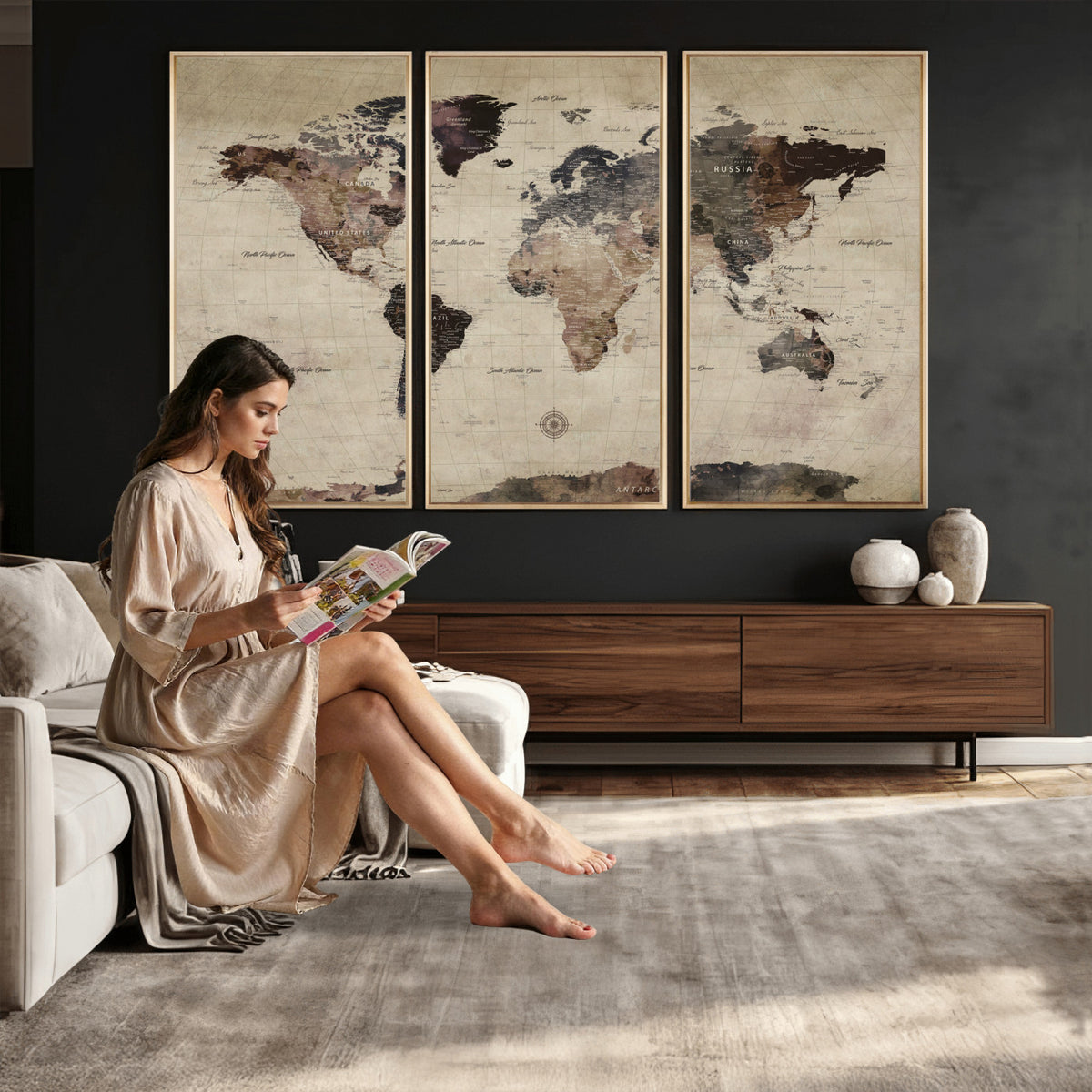 60560672-MGV-CV-36X24 - World Map Wall Art Canvas Print, Modern Decorative Framed Map Artwork Prints for Living Room, Office, Bedroom Wall Decor
