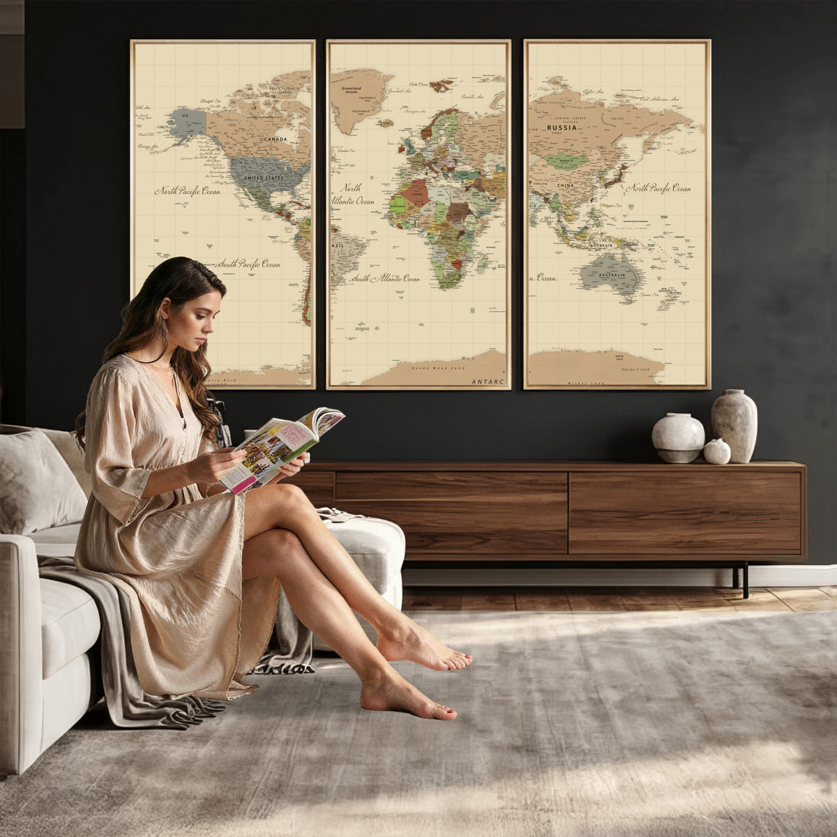 31407854-MGV-CV-36X24 - World Map Wall Art Canvas Print, Modern Decorative Framed Map Artwork Prints for Living Room, Office, Bedroom Wall Decor