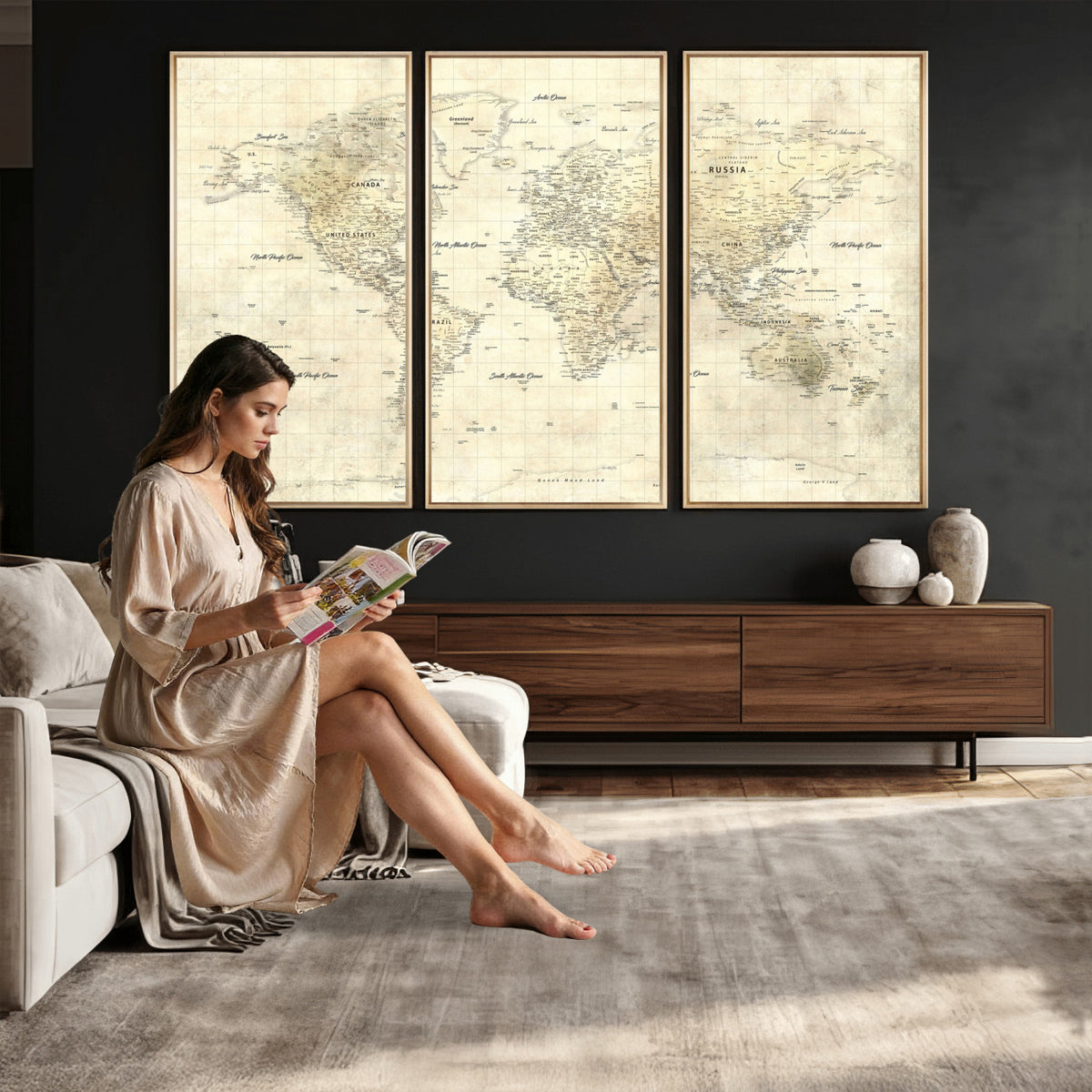 17101439-MGV-CV-36X24 - World Map Wall Art Canvas Print, Modern Decorative Framed Map Artwork Prints for Living Room, Office, Bedroom Wall Decor