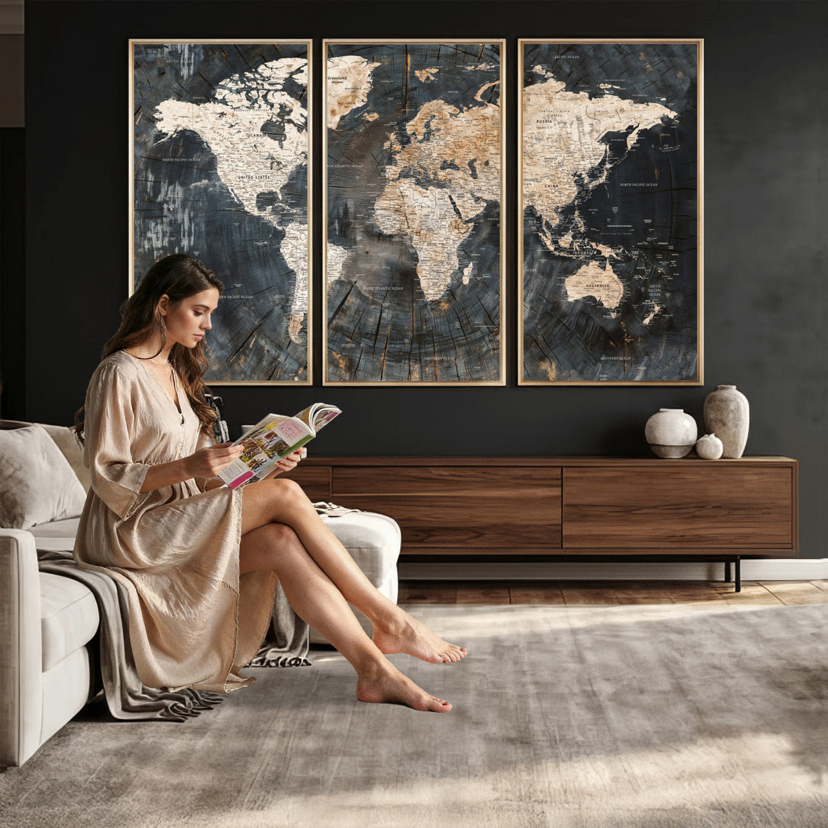 89162112-MGV-CV-36X24 - World Map Wall Art Canvas Print, Modern Decorative Framed Map Artwork Prints for Living Room, Office, Bedroom Wall Decor