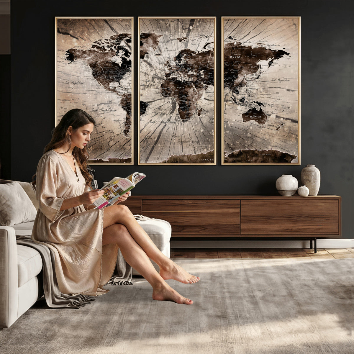 94623295-MGV-CV-36X24 - World Map Wall Art Canvas Print, Modern Decorative Framed Map Artwork Prints for Living Room, Office, Bedroom Wall Decor