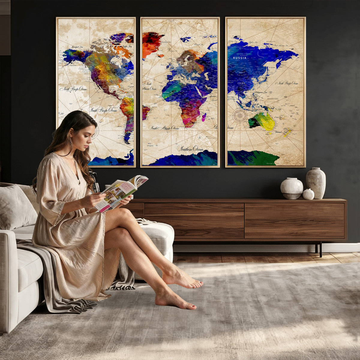26284075-MGV-CV-36X24 - World Map Wall Art Canvas Print, Modern Decorative Framed Map Artwork Prints for Living Room, Office, Bedroom Wall Decor