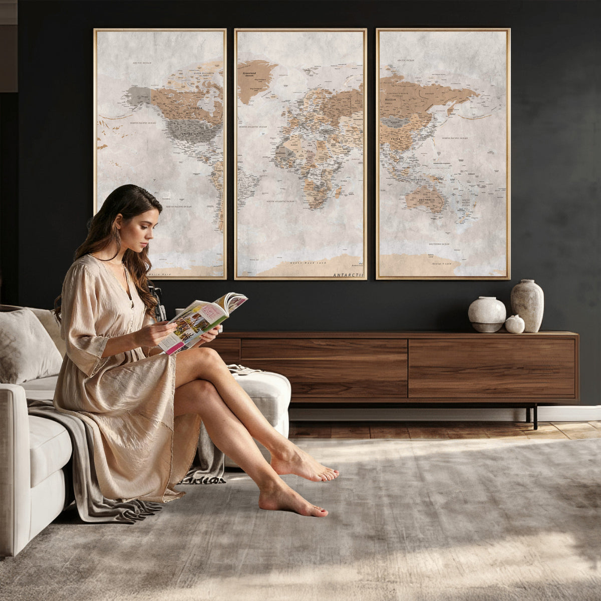 34051638-MGV-CV-36X24 - Detailed World Map Wall Art Canvas Print for Home and Office Decor
