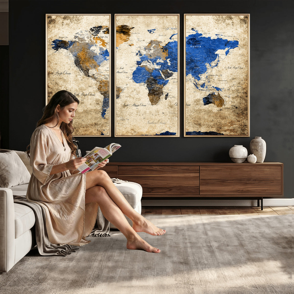 27314341-MGV-CV-36X24 - World Map Wall Art Canvas Print, Modern Decorative Framed Map Artwork Prints for Living Room, Office, Bedroom Wall Decor