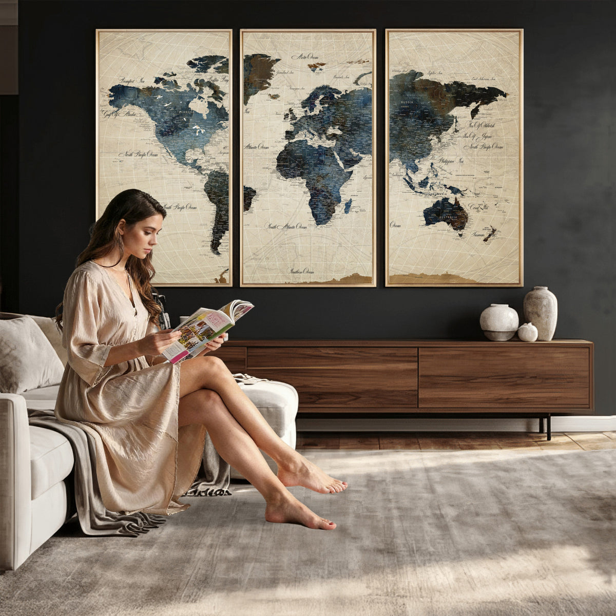 72927803-MGV-CV-36X24 - World Map Wall Art Canvas Print, Modern Decorative Framed Map Artwork Prints for Living Room, Office, Bedroom Wall Decor