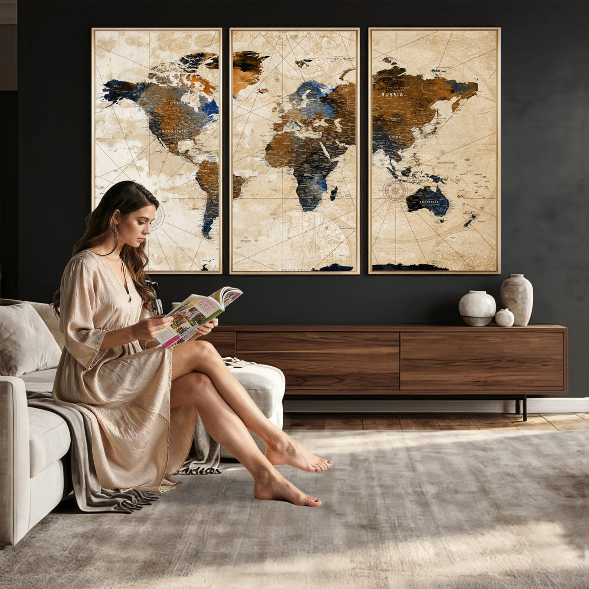 15727090-MGV-CV-36X24 - World Map Wall Art Canvas Print, Modern Decorative Framed Map Artwork Prints for Living Room, Office, Bedroom Wall Decor