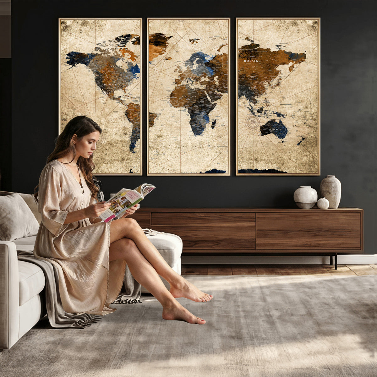 27163414-MGV-CV-36X24 - World Map Wall Art – Rustic Earth Tone Canvas Print, Antique