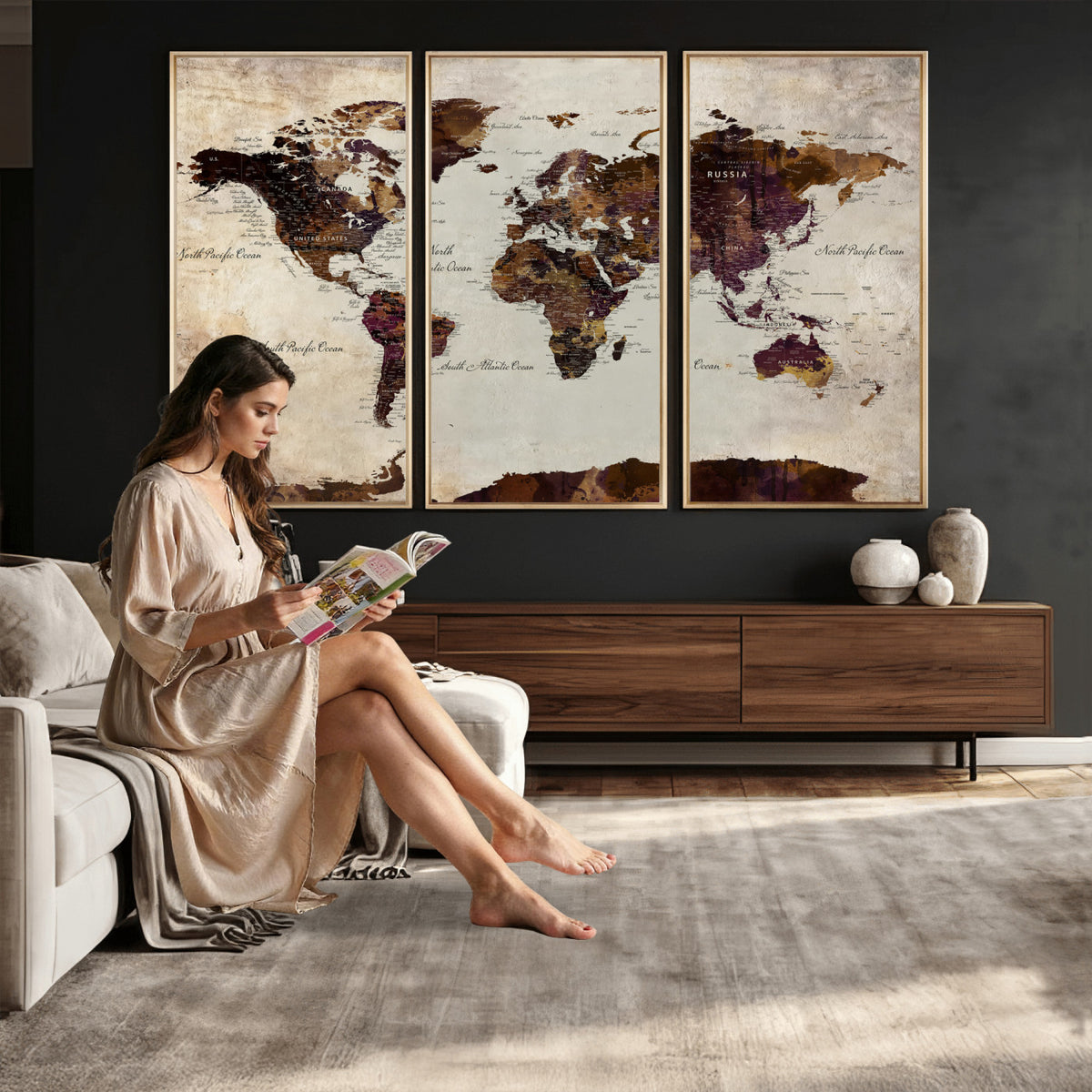 50611123-MGV-CV-36X24 - World Map Canvas Triptych | Colorful Global Wall Art for Living Rooms