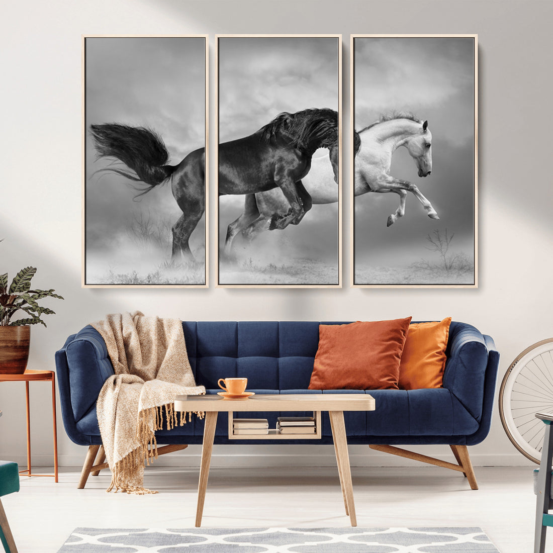Wild Horses Wall Art Canvas Print, Framed Black and White Galloping Horses