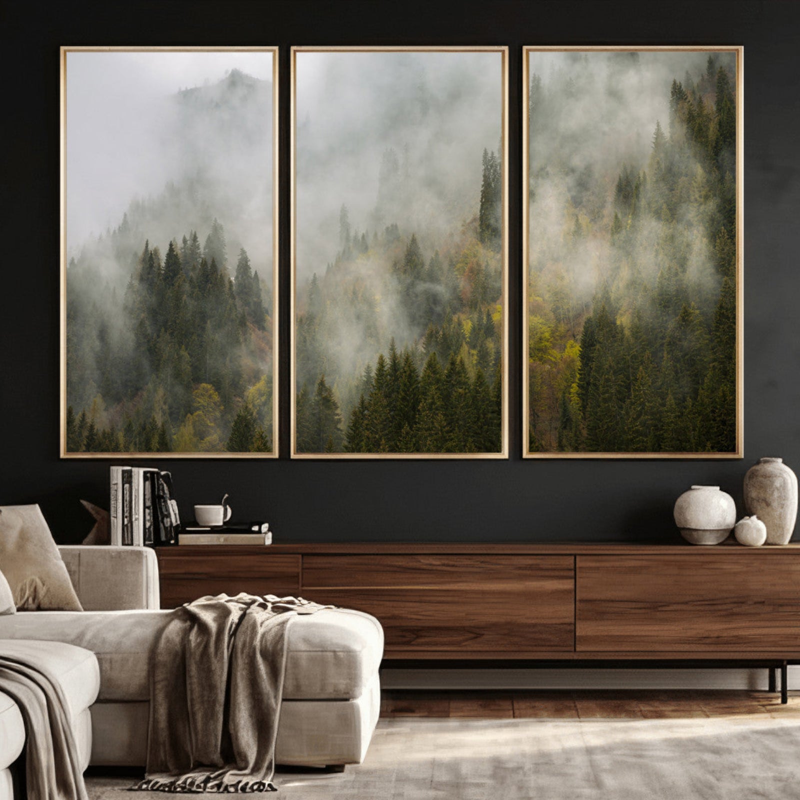 31152954-MGV-CV-36X24 - Misty Mountain Forest Canvas Print, Foggy Pine Trees Nature Wall Art, Framed Canvas Ready to Hang