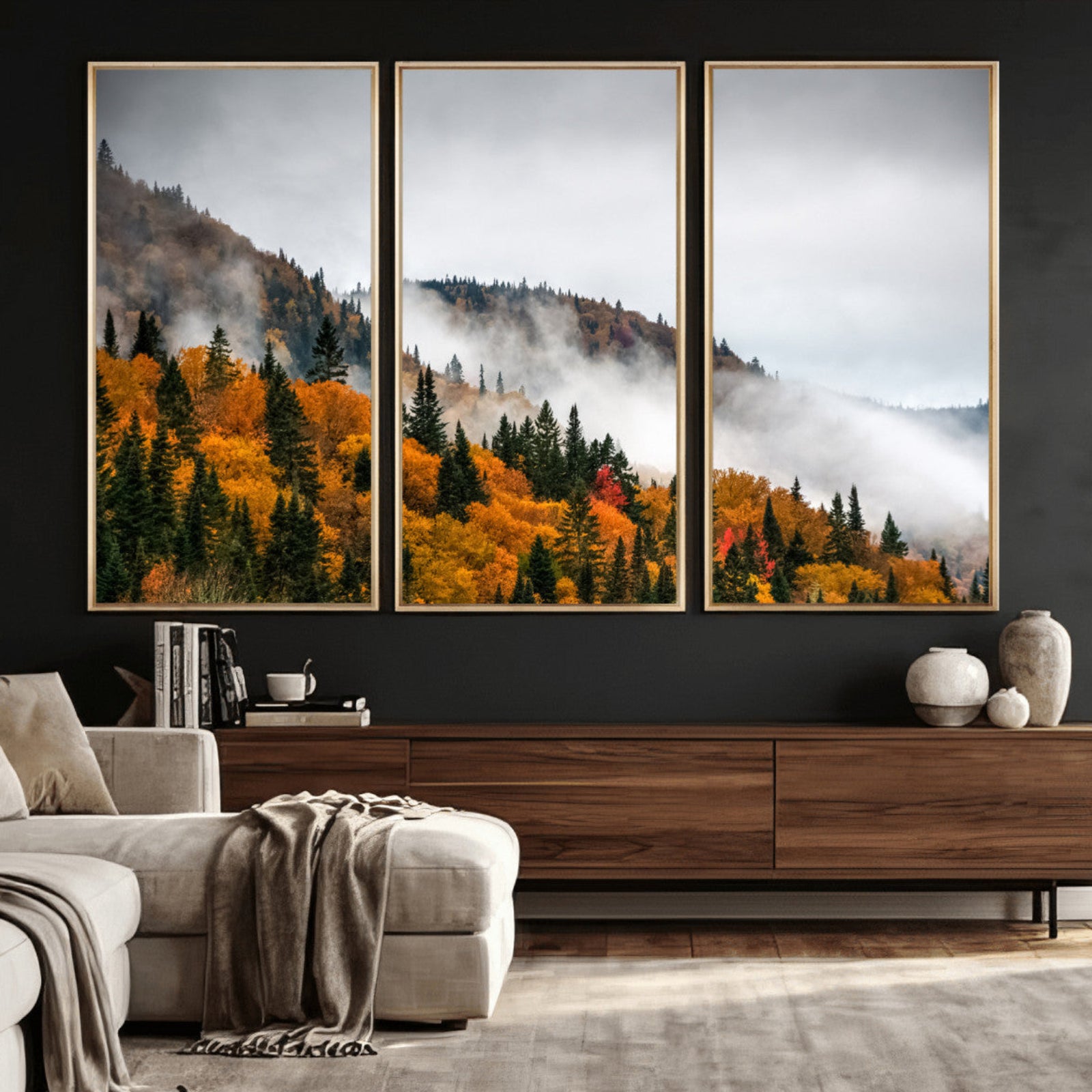 93581632-MGV-CV-36X24 - Autumn Forest Wall Art Canvas Print, Foggy Mountain Landscape Nature Photography, Framed Wall Art Ready to Hang