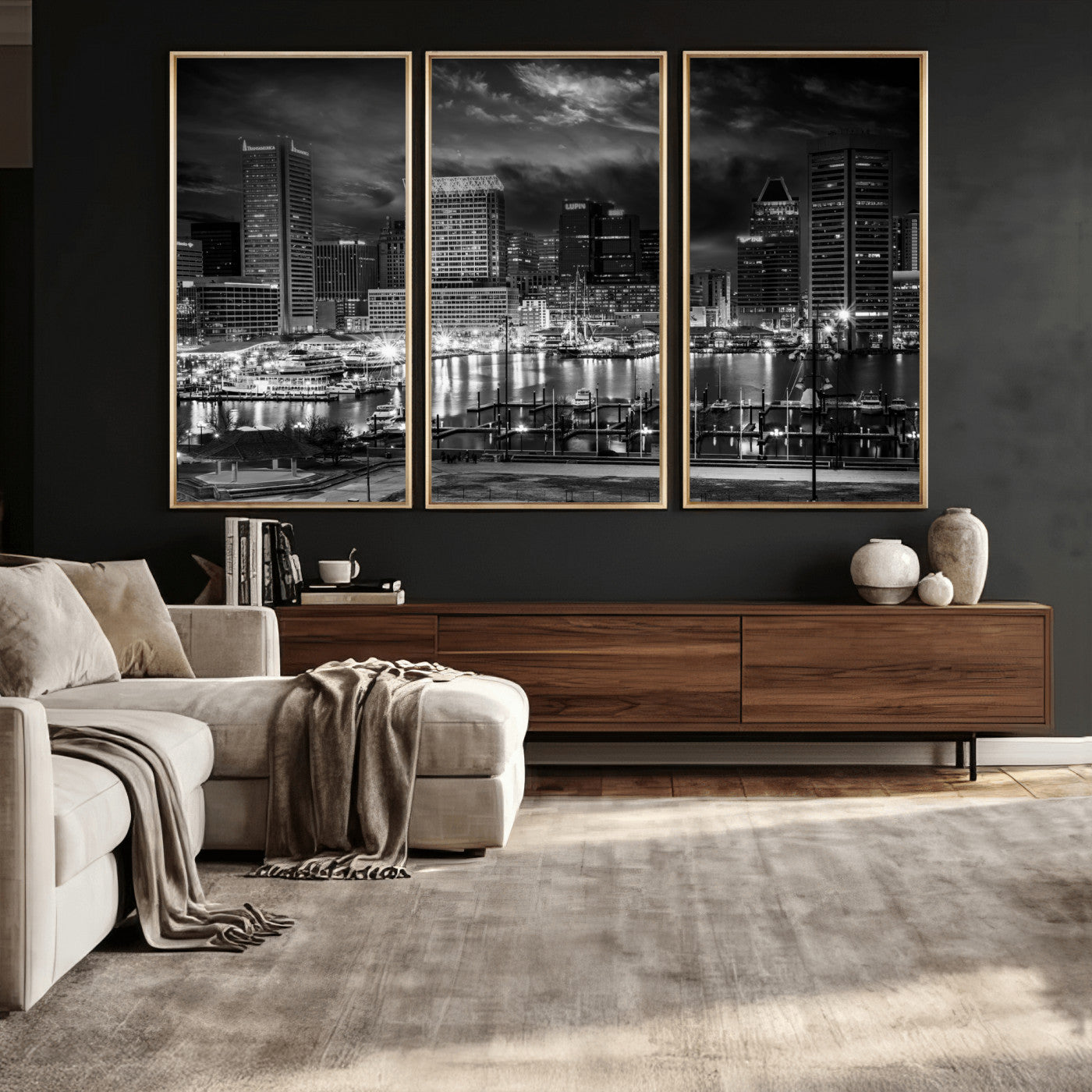79755655-MGV-CV-36X24 - Baltimore Skyline Wall Art Canvas Print, Baltimore Downtown Night Cityscape Print for Modern Urban Wall Decor