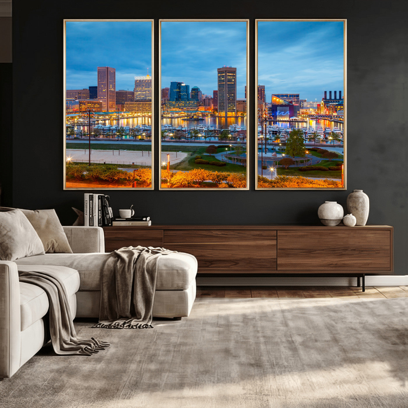 78635089-MGV-CV-36X24 - Baltimore Skyline Wall Art Canvas Print, Baltimore Downtown Night Cityscape Print for Modern Urban Wall Decor
