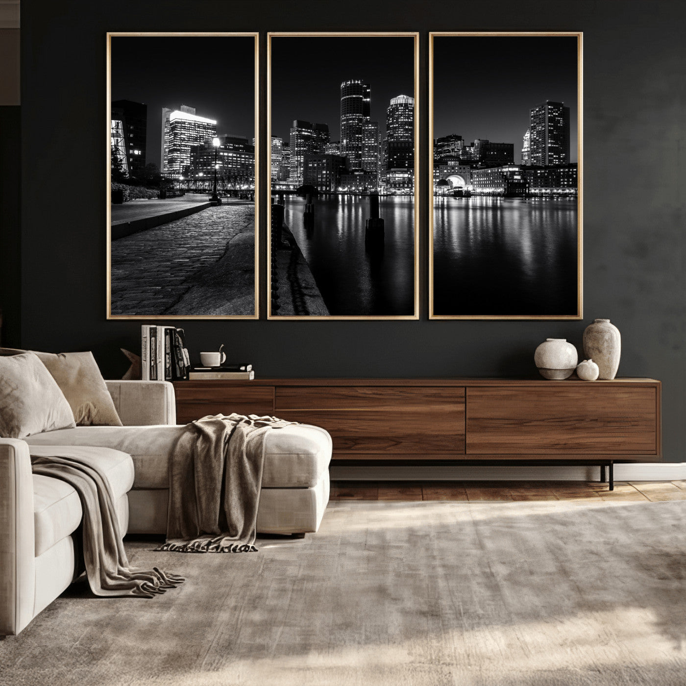53082656-MGV-CV-36X24 - Boston Wall Art Canvas Print, Boston City Downtown Night Cityscape Print for Modern Urban Wall Decor