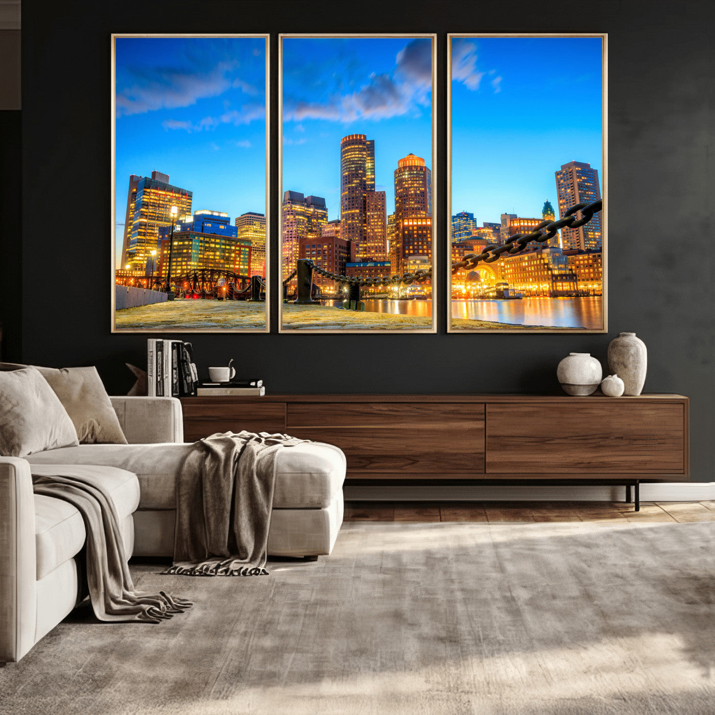 46736409-MGV-CV-36X24 - Boston Wall Art Canvas Print, Boston City Downtown Night Cityscape Print for Modern Urban Wall Decor
