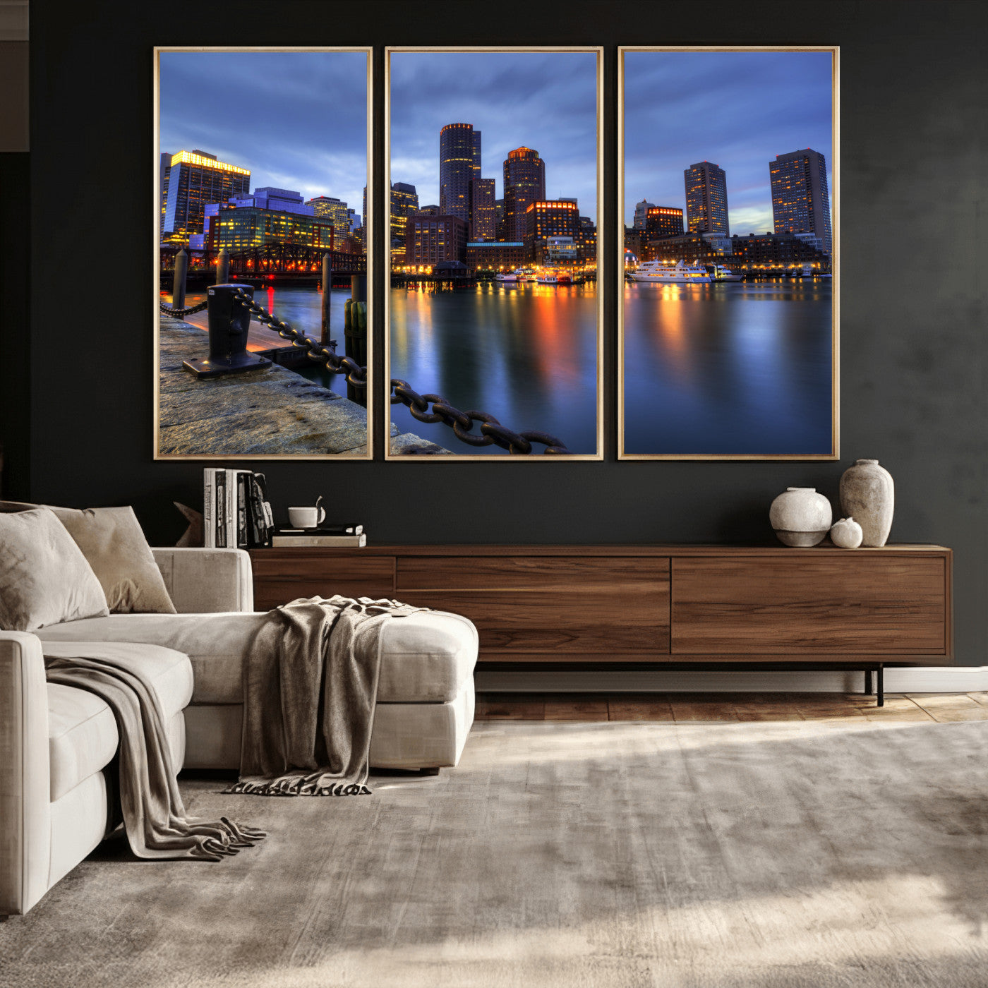 82439622-MGV-CV-36X24 - Boston Wall Art Canvas Print, Boston City Downtown Night Cityscape Print for Modern Urban Wall Decor