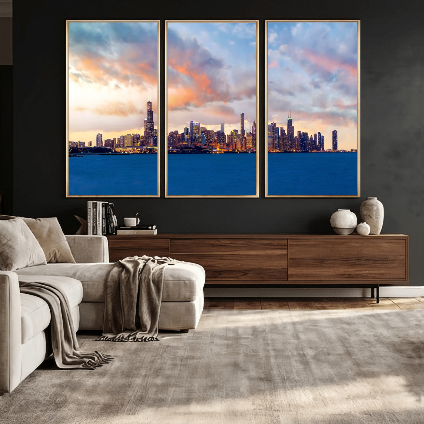 34667960-MGV-CV-36X24 - Chicago Wall Art Canvas Print, Chicago City Downtown Night Cityscape Print for Modern Urban Wall Decor