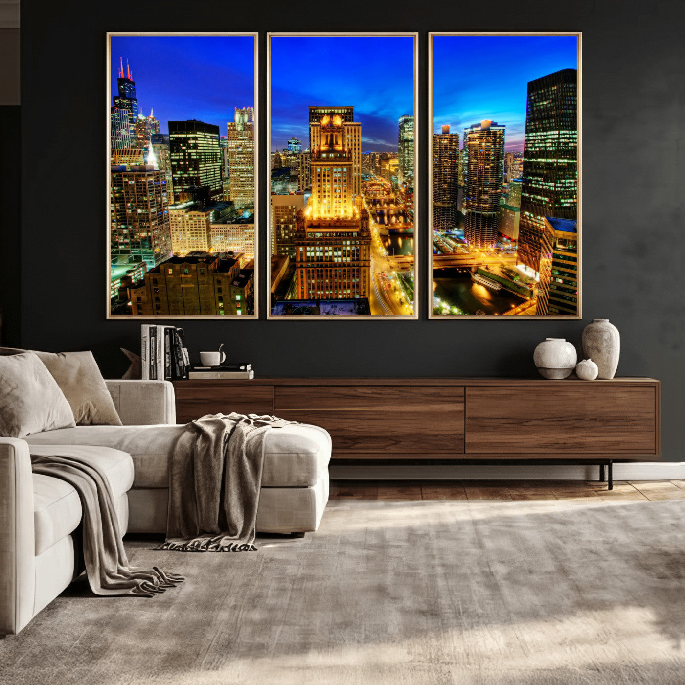 46298885-MGV-CV-36X24 - Chicago Wall Art Canvas Print, Chicago City Downtown Night Cityscape Print for Modern Urban Wall Decor