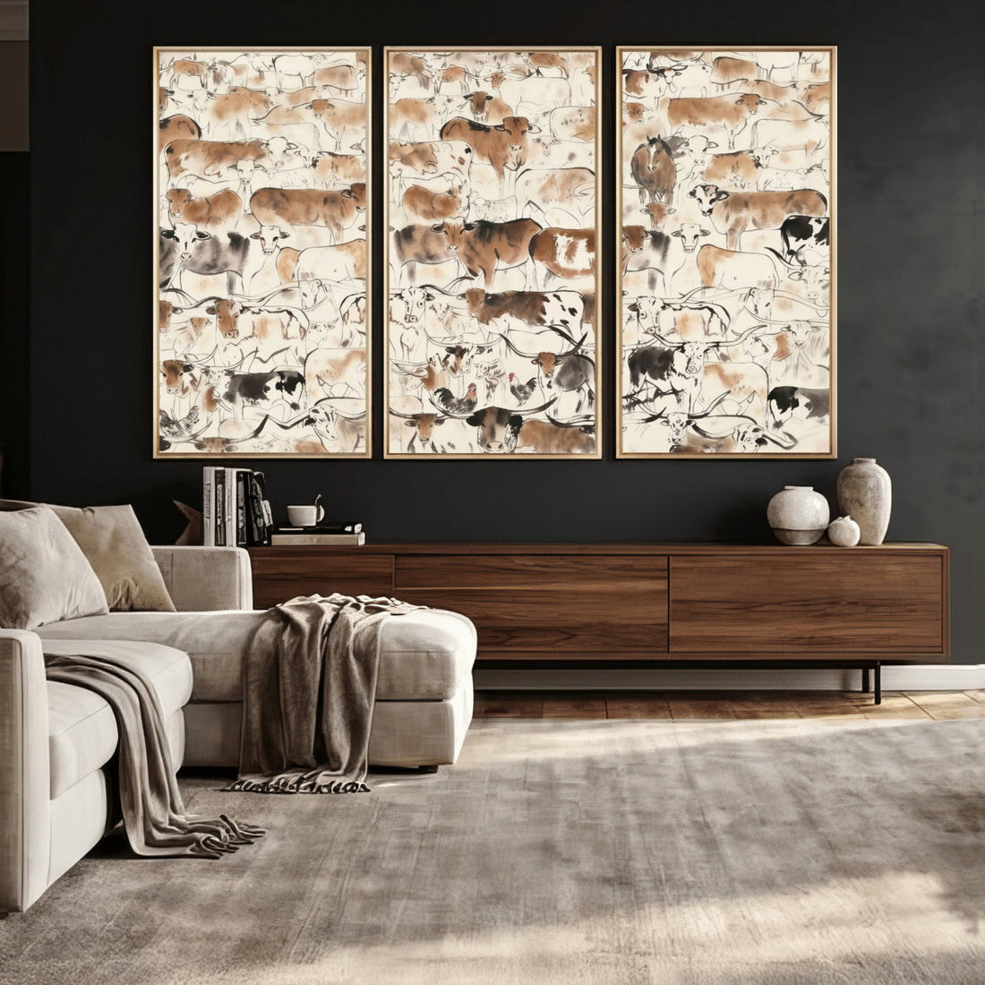 Farmhouse Longhorn Wall Art Canvas Print, Abstract Farm Animal Drawing for Home Decor