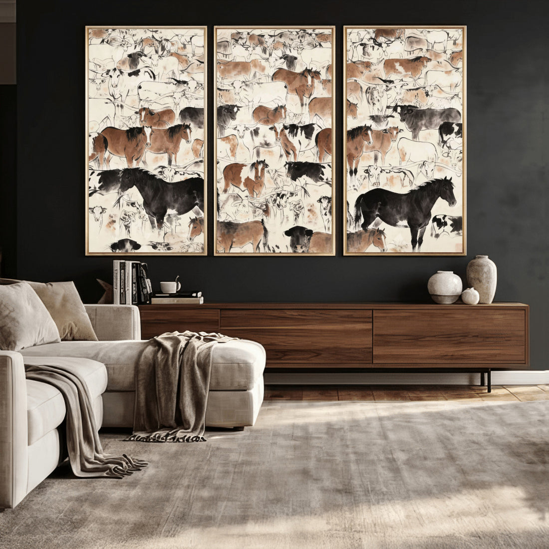 Wild Horses Wall Art Canvas Print, Abstract Farm Longhorn