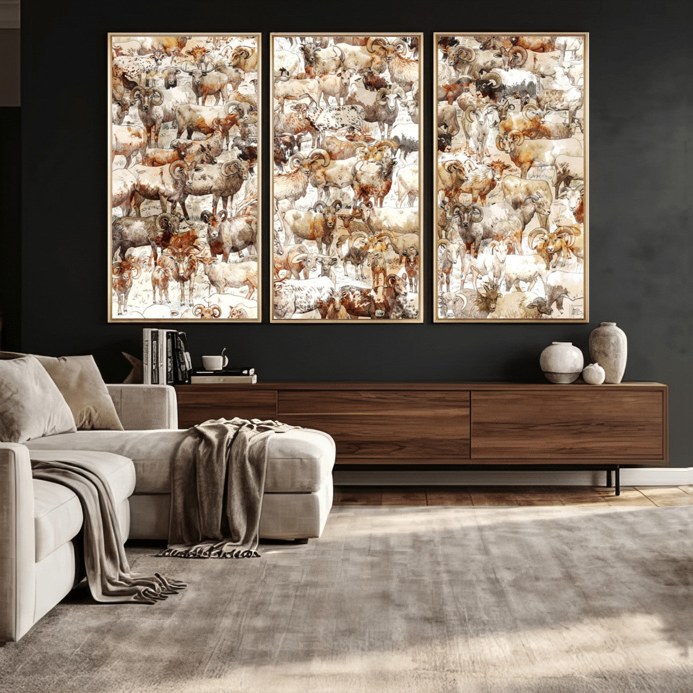 95103864-MGV-CV-36X24 - Farmhouse Animals Wall Art Canvas Print - Abstract Farm Animal Drawing Mid-Century Wall Art for Cabin Decor