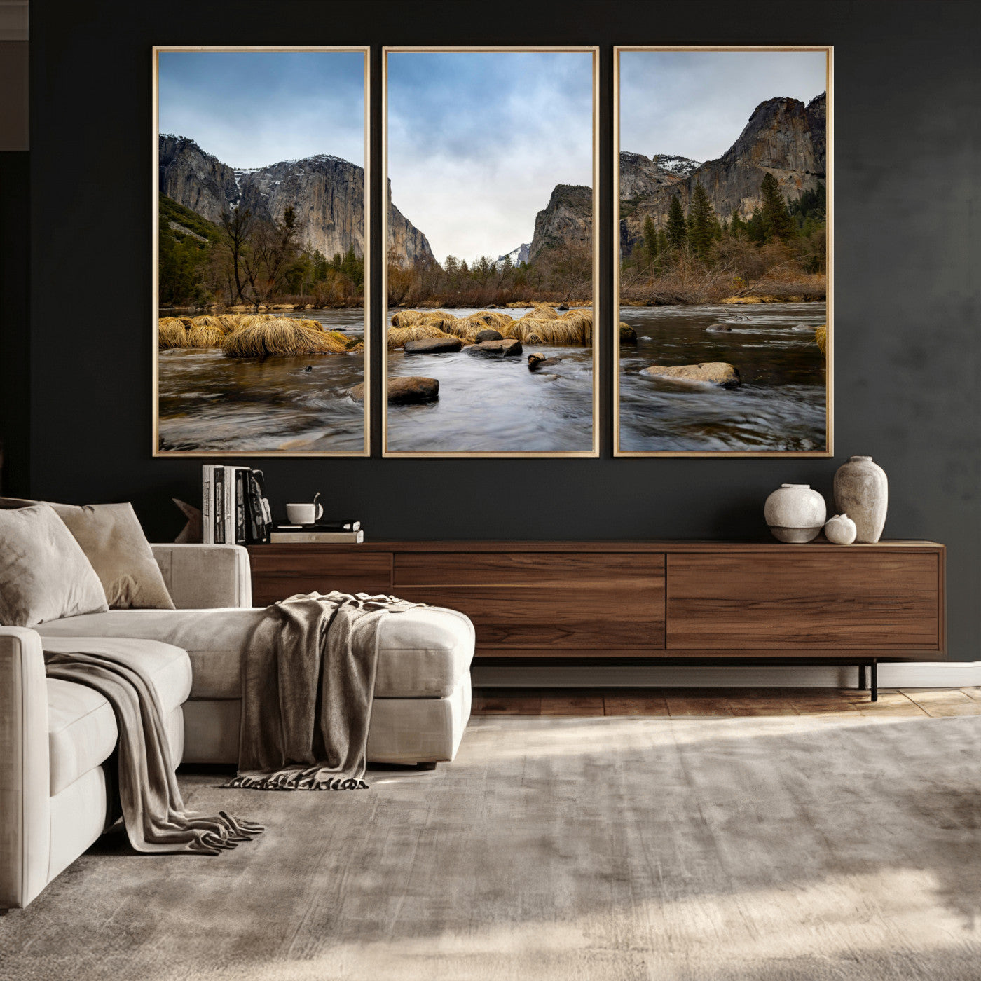 20458404-MGV-CV-36X24 - Yosemite Valley Mountain Landscape Wall Art Canvas Print, Granite Cliff Forest Valley Canvas Print, California National Park Scenic Art Printing