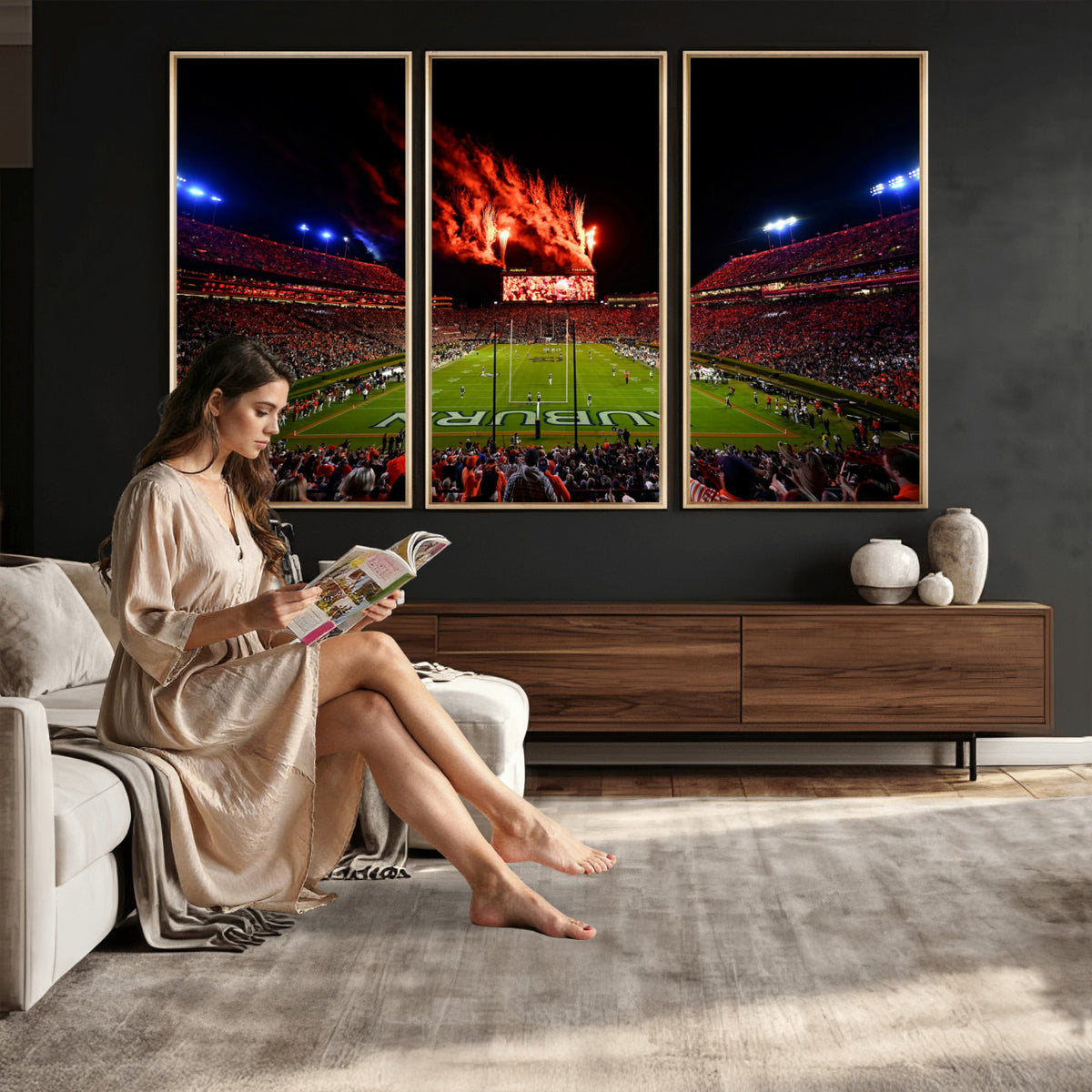 81918884-MGV-CV-36X24 - Auburn Stadium Wall Art Canvas Print, College Football Night Game Crowd, Jordan Hare Stadium Artwork