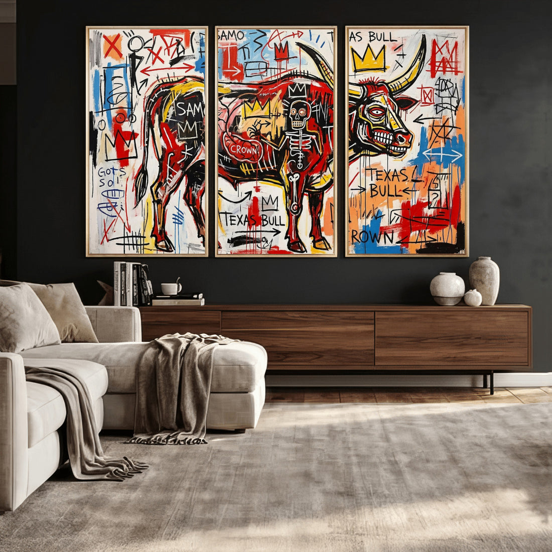 Texas Bull Wall Art Canvas Print, Abstract Graffiti Bull