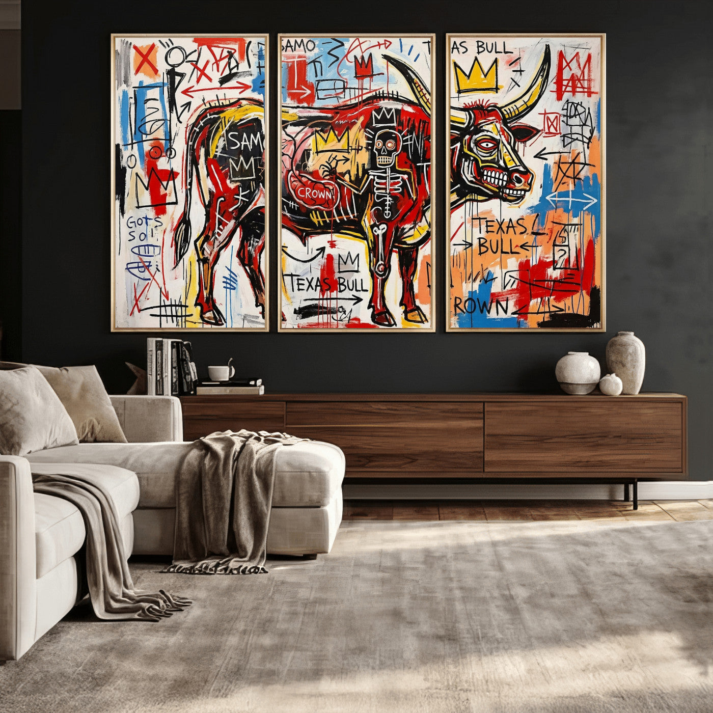 89504579-MGV-CV-36X24 - TITLE: Texas Bull Wall Art Canvas Print, Abstract Graffiti Bull Painting, Western Animal Art, Modern Ranch Decor
