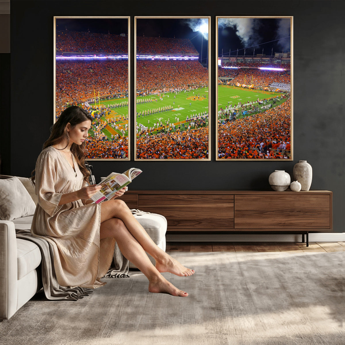 43662631-MGV-CV-36X24 - Clemson Football Stadium Wall Art Canvas Print, College Football Crowd Night Game Scene, Orange Stadium Panorama Wall Decor
